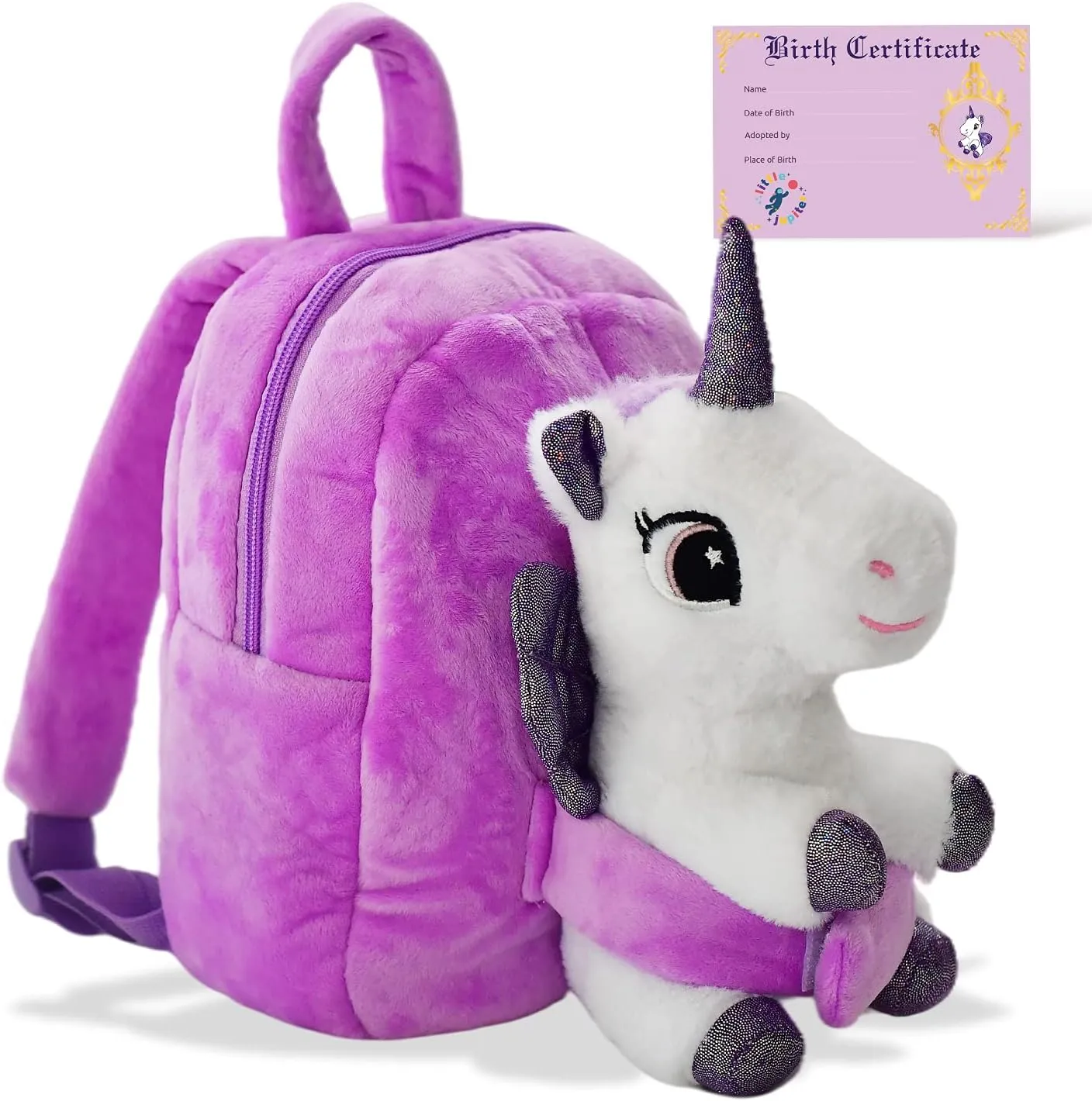 Pet Plush Unicorn Stuffed Animals Backpack w/Removable Stuffed Unicorn Plush Toy & Birth Certificate for Small Girls 3-4 - 5 Years Old - Little Girl Backpack - Stuffed Animals for Girls - Purple
