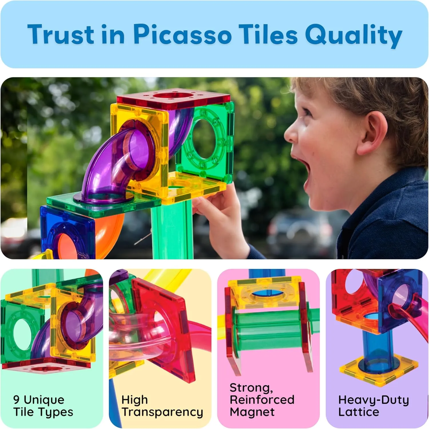 PicassoTiles Marble Run 100 Piece Magnetic Tile Race Track Toy Play Set STEM Building & Learning Educational Magnet Construction Child Brain Development Kit Boys Girls Age 3 4 5 6 7 8  Years Old Toys