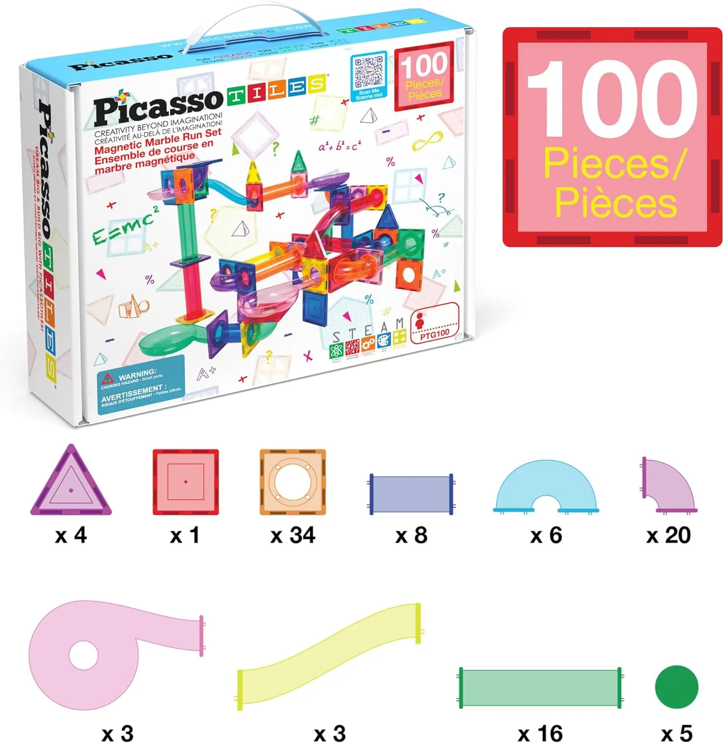 PicassoTiles Marble Run 100 Piece Magnetic Tile Race Track Toy Play Set STEM Building & Learning Educational Magnet Construction Child Brain Development Kit Boys Girls Age 3 4 5 6 7 8  Years Old Toys