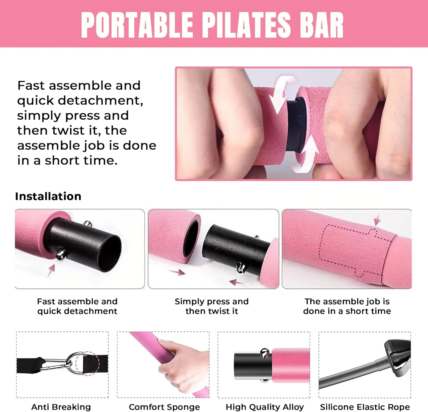 Pilates bar kit | Home Gym Exercise Equipment | Portable Pilates Reformer | Workout with Resistance Bands 20, 30, 40lbs for Women & Men Fitness Essentials