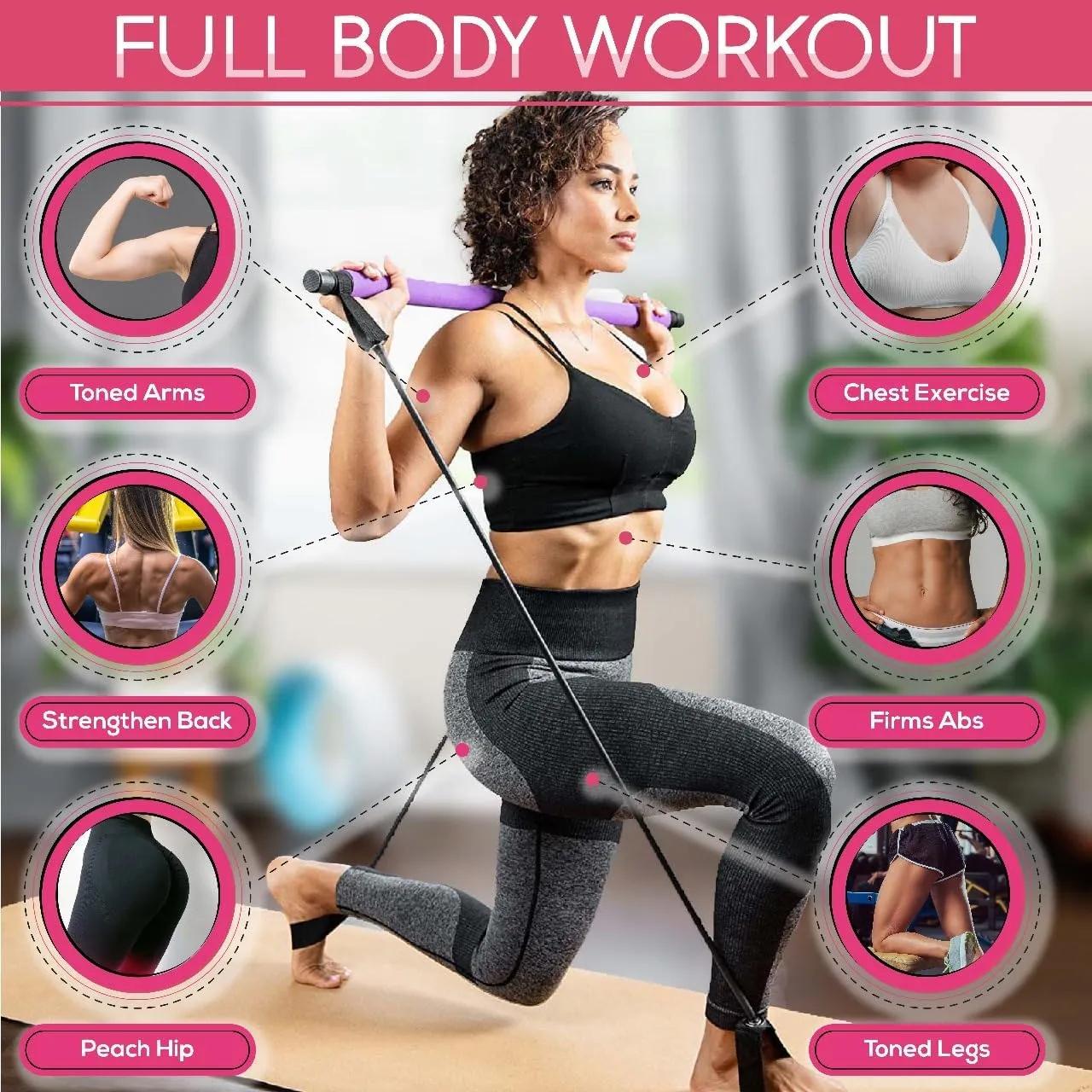 Pilates bar kit | Home Gym Exercise Equipment | Portable Pilates Reformer | Workout with Resistance Bands 20, 30, 40lbs for Women & Men Fitness Essentials