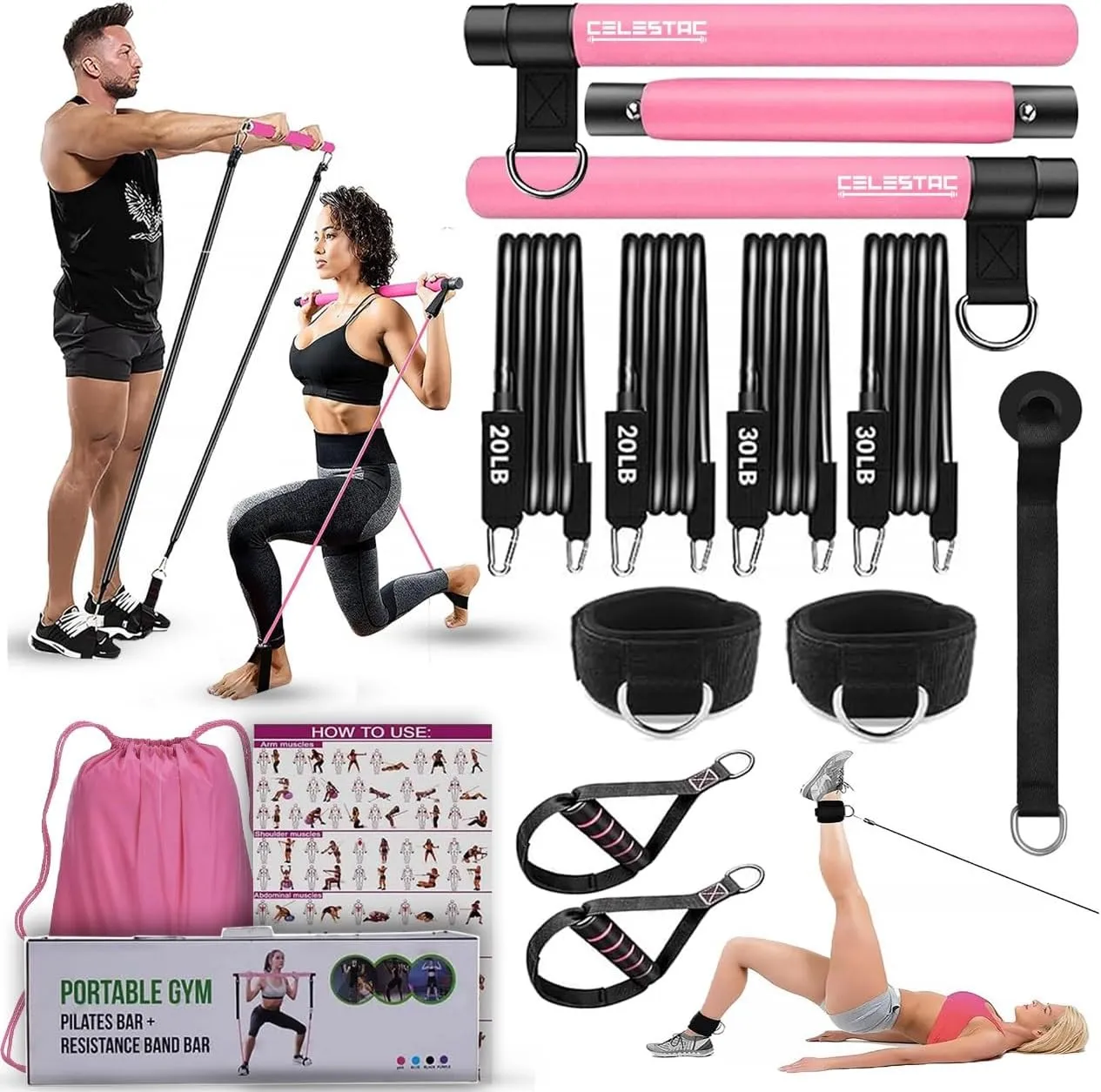 Pilates bar kit | Home Gym Exercise Equipment | Portable Pilates Reformer | Workout with Resistance Bands 20, 30, 40lbs for Women & Men Fitness Essentials