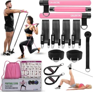 Pilates bar kit | Home Gym Exercise Equipment | Portable Pilates Reformer | Workout with Resistance Bands 20, 30, 40lbs for Women & Men Fitness Essentials