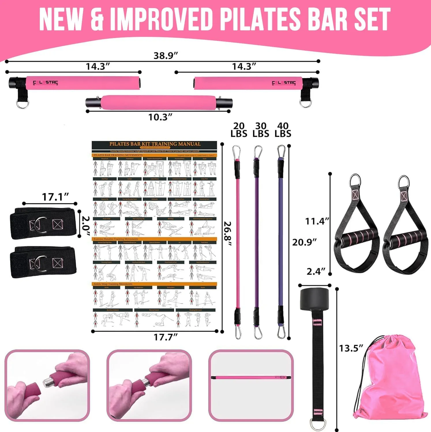 Pilates bar kit | Home Gym Exercise Equipment | Portable Pilates Reformer | Workout with Resistance Bands 20, 30, 40lbs for Women & Men Fitness Essentials