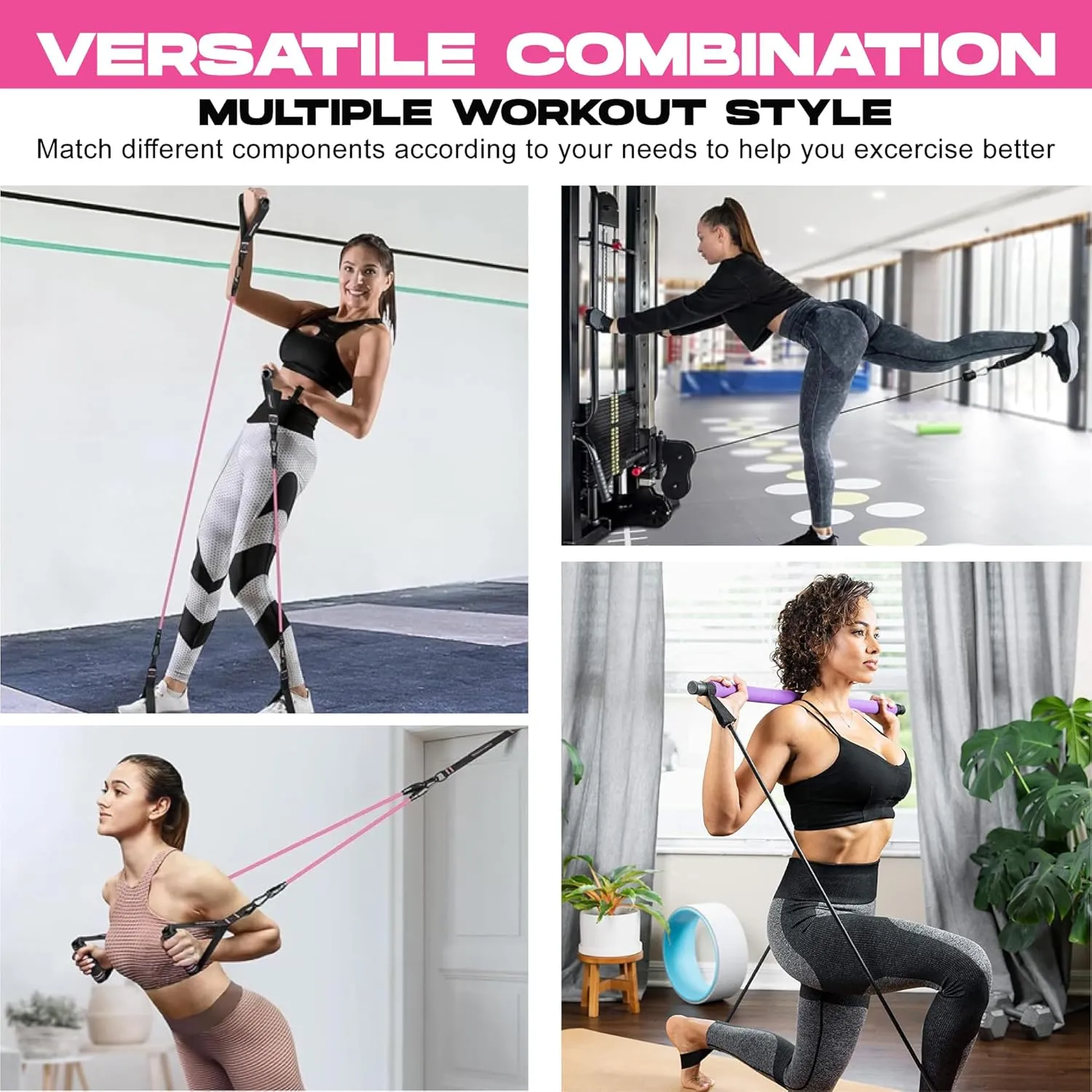 Pilates bar kit | Home Gym Exercise Equipment | Portable Pilates Reformer | Workout with Resistance Bands 20, 30, 40lbs for Women & Men Fitness Essentials