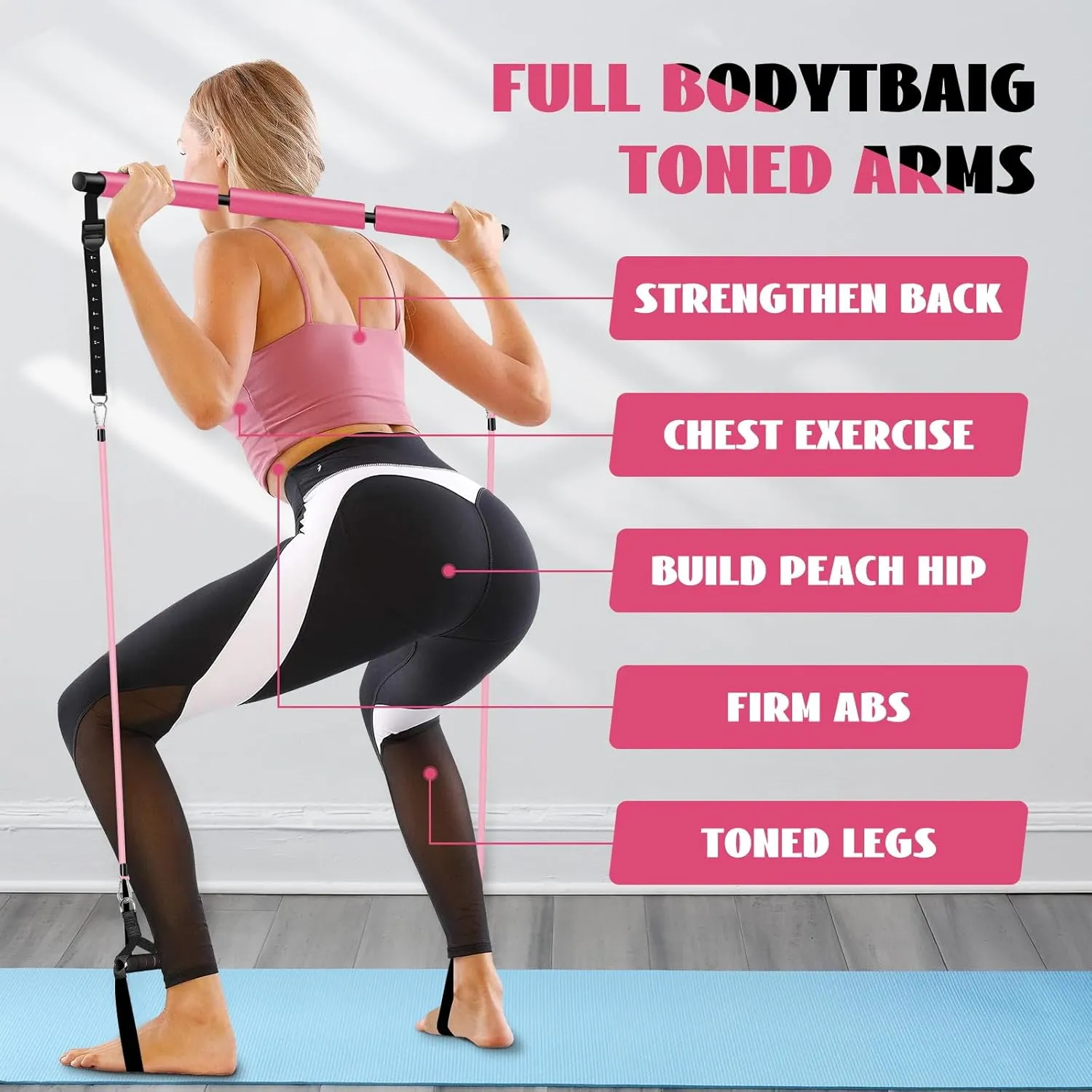 Pilates Bar Kit with Resistance Bands for Working Out, Pilates Equipment with Ab Roller for All Fitness Levels, Portable Home Gym Full Body Workout Equipment for Women&Men