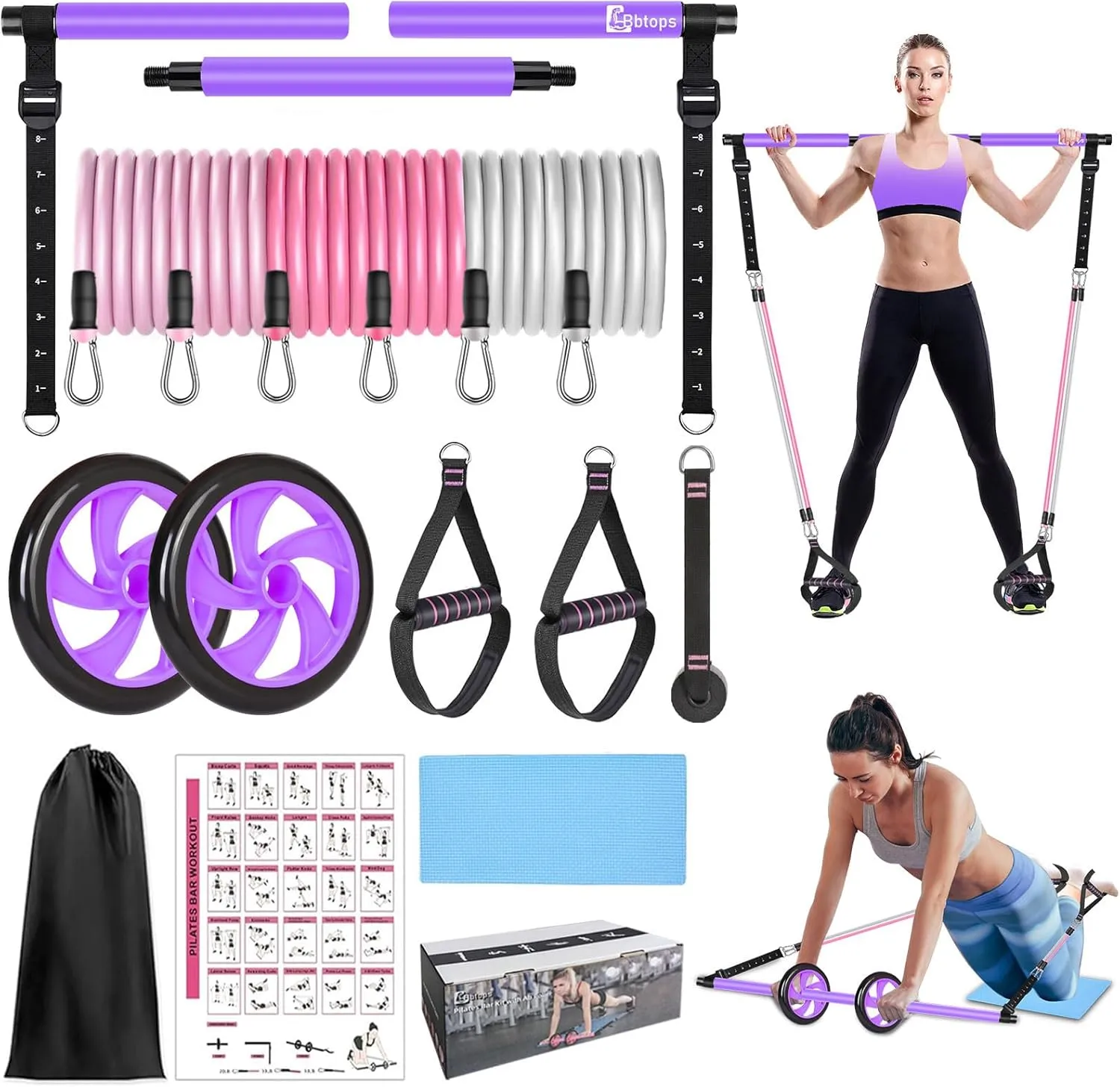 Pilates Bar Kit with Resistance Bands, Pilates Equipment Exercise Bar with Ab Roller for Abs Workout, Portable Home Gym Yoga Fitness Bar for Women & Men