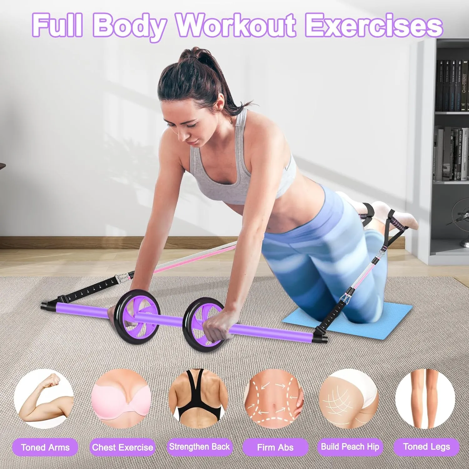 Pilates Bar Kit with Resistance Bands, Pilates Equipment Exercise Bar with Ab Roller for Abs Workout, Portable Home Gym Yoga Fitness Bar for Women & Men