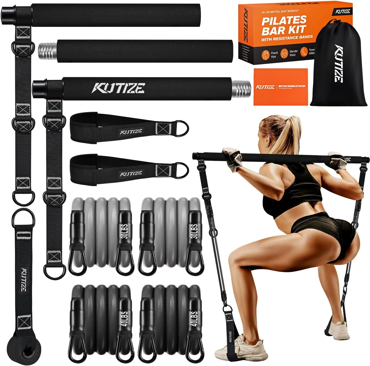 Pilates Bar Kit with Resistance Bands, Pilates Equipment, Multifunctional Pilates Bar for Women & Men, Pilates bar kit for for Hip, Back, Arm, Full-Body Workouts, Home Gym Strength Training Equipment