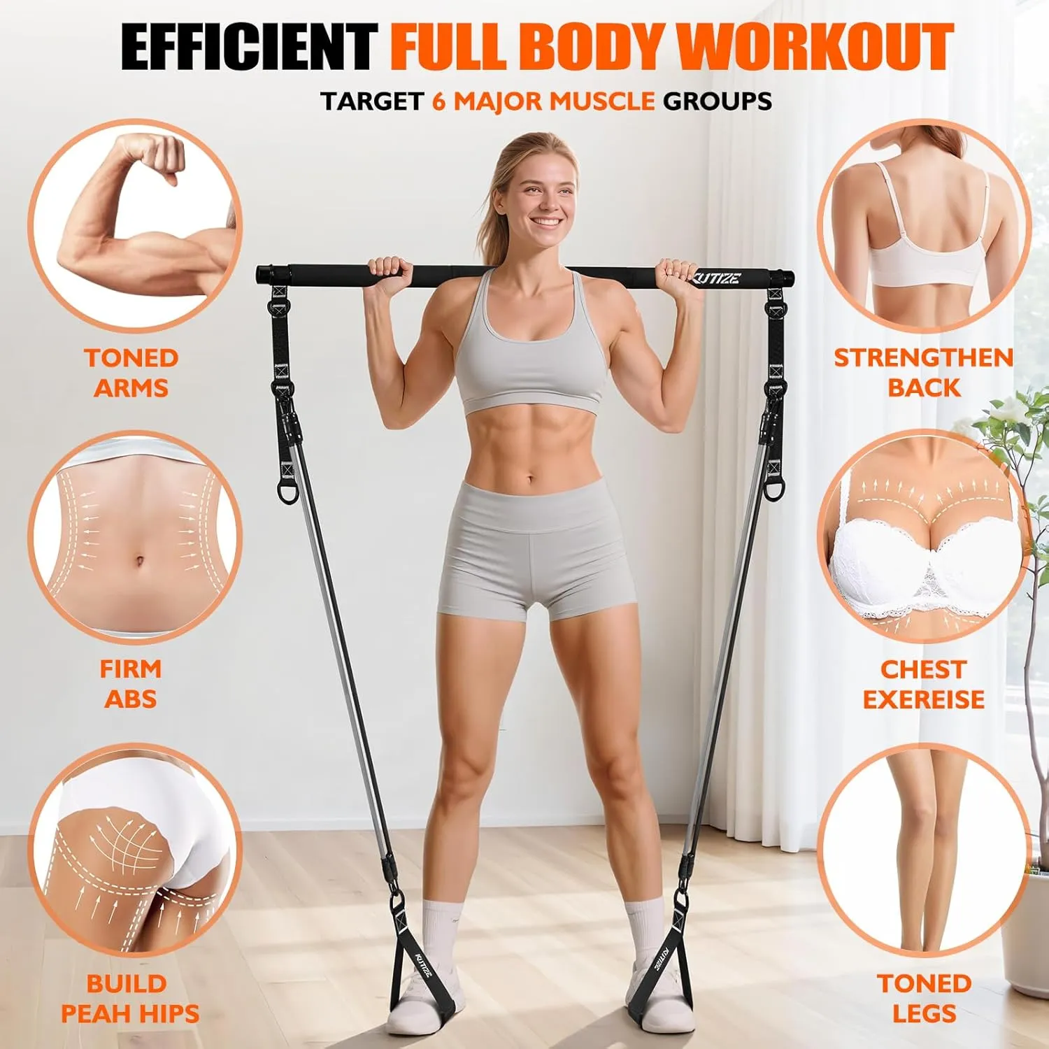 Pilates Bar Kit with Resistance Bands, Pilates Equipment, Multifunctional Pilates Bar for Women & Men, Pilates bar kit for for Hip, Back, Arm, Full-Body Workouts, Home Gym Strength Training Equipment