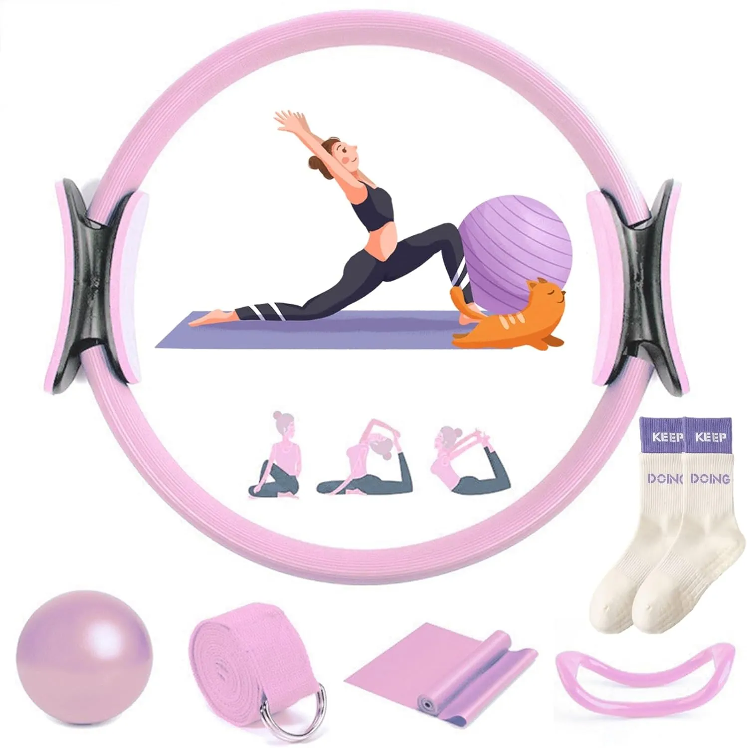 Pilates Essentials Kit for Women,Pilates Rings Booty Bands, Yoga Sets for Women,Booty Bands for Working Out Glutes Yoga Ball(Pink/A)