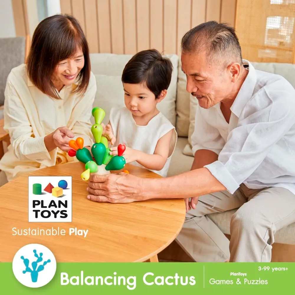PlanToys Balancing Cactus Toy - Colorful Sustainably-Made Wood Balance Game for 1-4 Players with Base and 18 Cactus Branches to Build Without Toppling