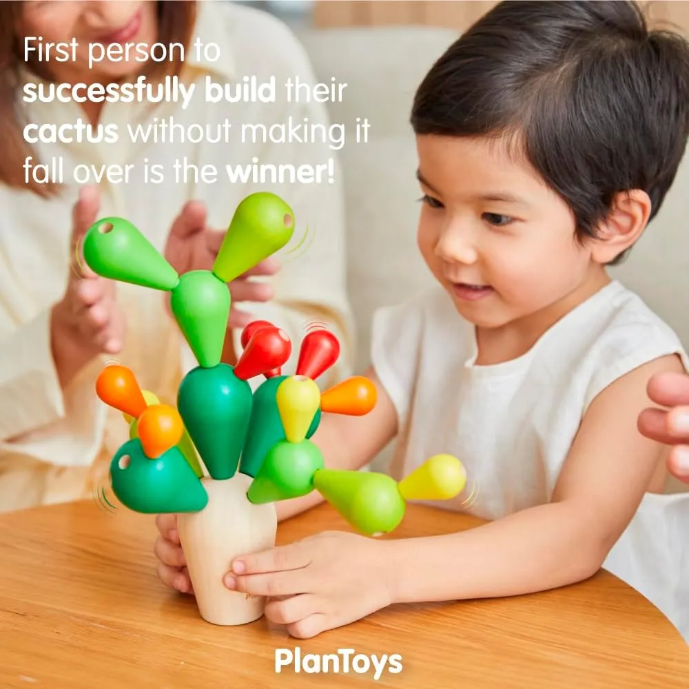 PlanToys Balancing Cactus Toy - Colorful Sustainably-Made Wood Balance Game for 1-4 Players with Base and 18 Cactus Branches to Build Without Toppling