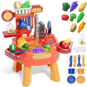 Play Kitchen Water Table, Play Sink with Running Water, Toddler Toy Sink with Electric Faucet, Play Food & Kitchen Accessories, Kids Role Play Indoor Outdoor Water Toys for Boys Girls Gifts