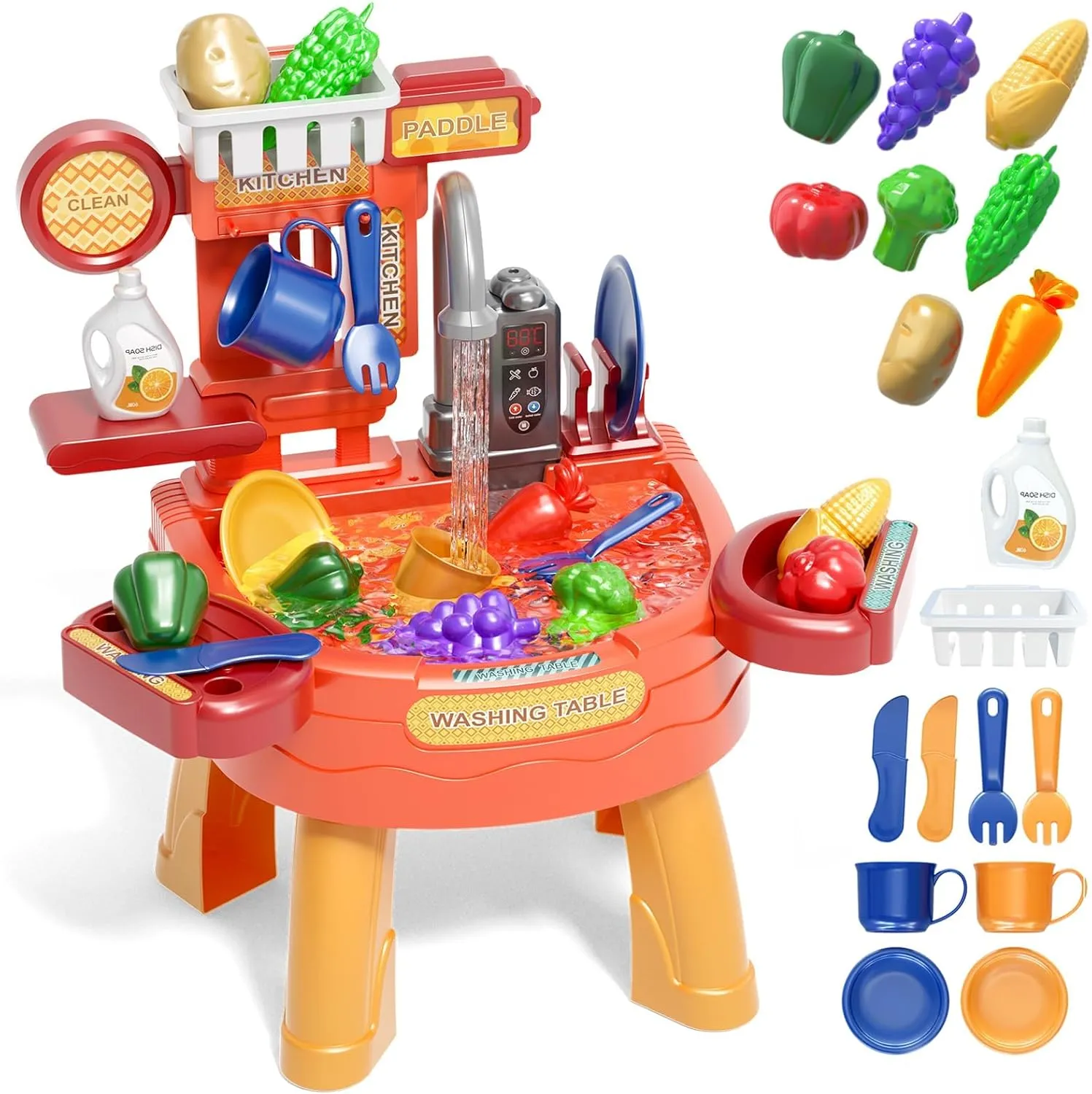 Play Kitchen Water Table, Play Sink with Running Water, Toddler Toy Sink with Electric Faucet, Play Food & Kitchen Accessories, Kids Role Play Indoor Outdoor Water Toys for Boys Girls Gifts