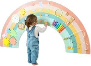 Play Platoon Kids Sensory Wall Panel, Activity Wall Busy Board Toys for Toddlers 1-3, Sensory Board - 64x32 inch Neutral Wooden Rainbow with 11 Activities for Montessori Playroom