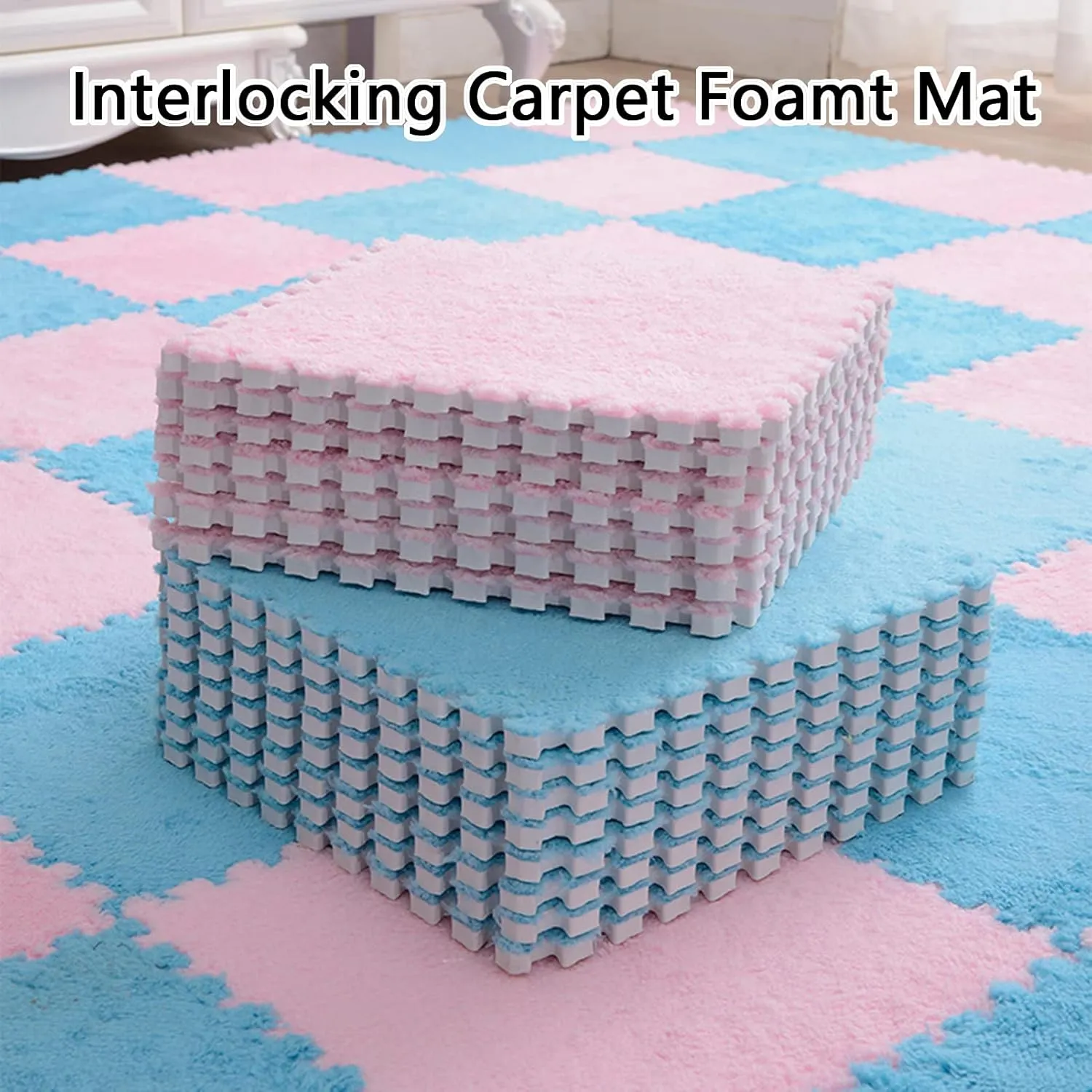 Playmat 20 Pcs Interlocking Carpet Tiles,Plush Foam Square Floor Mats Set,Interlocking Fluffy Tiles Square Puzzle with Border,20 Tiles/19.4 Sq.Ft,Grey(Dark Coffee Pink)