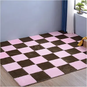 Playmat 20 Pcs Interlocking Carpet Tiles,Plush Foam Square Floor Mats Set,Interlocking Fluffy Tiles Square Puzzle with Border,20 Tiles/19.4 Sq.Ft,Grey(Dark Coffee Pink)