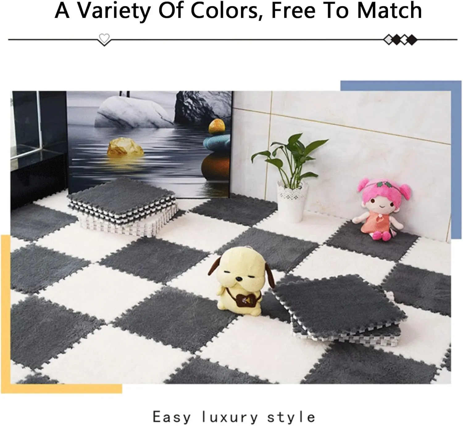 Playmat 20 Pcs Interlocking Carpet Tiles,Plush Foam Square Floor Mats Set,Interlocking Fluffy Tiles Square Puzzle with Border,20 Tiles/19.4 Sq.Ft,Grey(Dark Coffee Pink)
