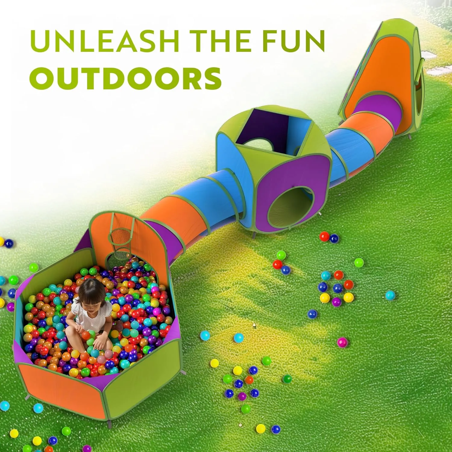 Playz 5-Piece Kids Pop up Play Tent Crawl Tunnel and Ball Pit with Basketball Hoop Playhouse for Boys, Girls, Babies, and Toddlers (Purple, Orange, Yellow, Red, Blue)
