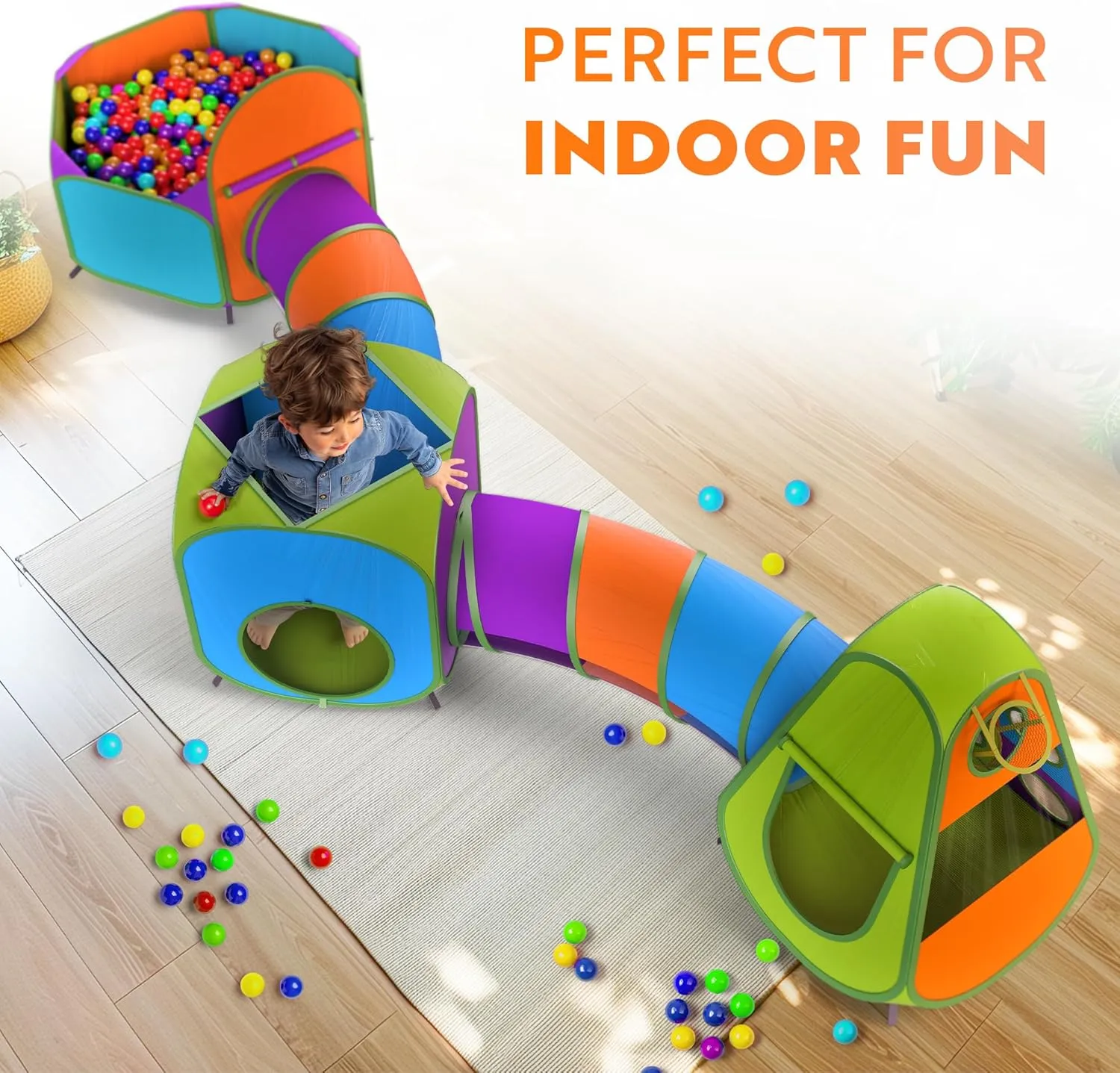 Playz 5-Piece Kids Pop up Play Tent Crawl Tunnel and Ball Pit with Basketball Hoop Playhouse for Boys, Girls, Babies, and Toddlers (Purple, Orange, Yellow, Red, Blue)