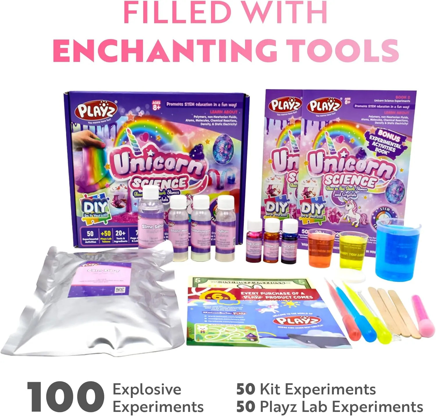 Playz Unicorn Slime & Crystals 100  Science Experiments Kit Gift for Girls & Boys to Make Glow in The Dark Unicorn Poop, Snot, Fluffy Slime, Crystals, Putty, Arts & Crafts for Kids Age 8-12
