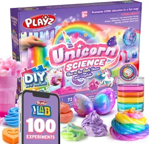 Playz Unicorn Slime & Crystals 100  Science Experiments Kit Gift for Girls & Boys to Make Glow in The Dark Unicorn Poop, Snot, Fluffy Slime, Crystals, Putty, Arts & Crafts for Kids Age 8-12