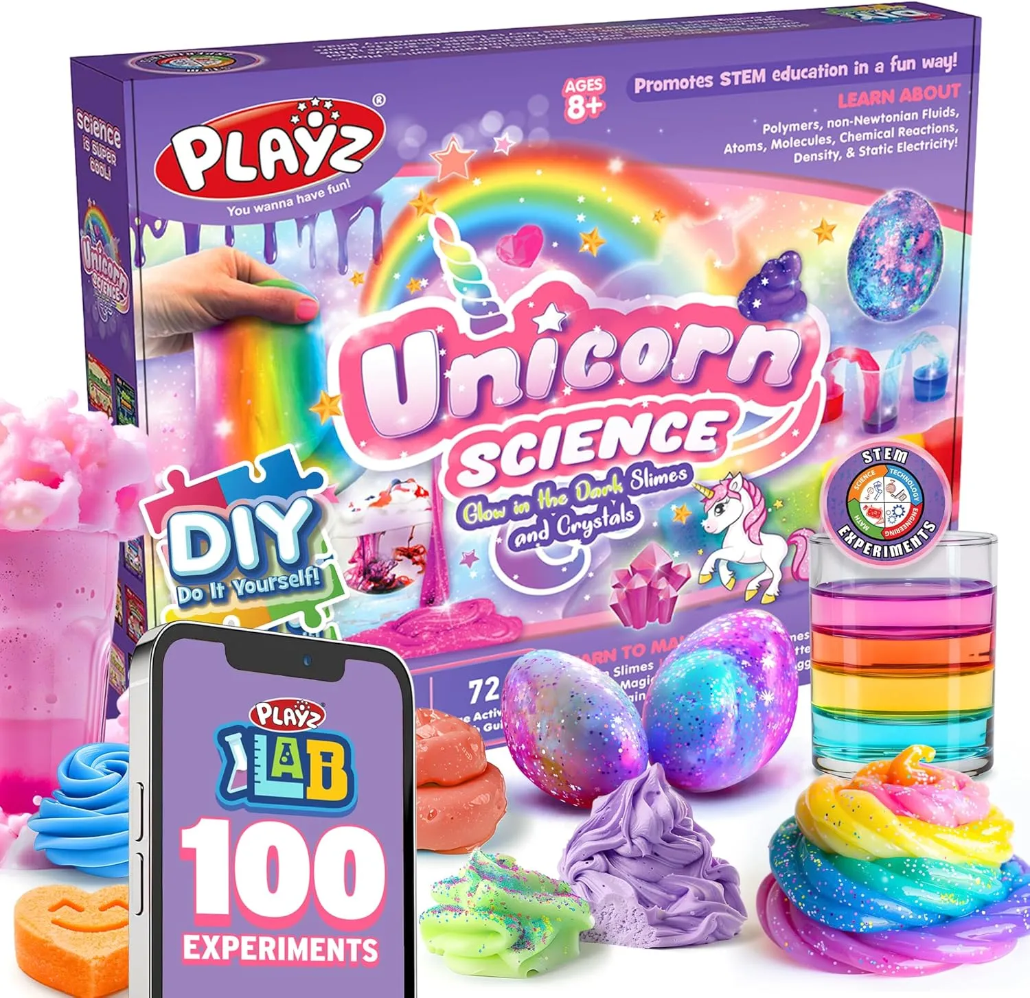 Playz Unicorn Slime & Crystals 100  Science Experiments Kit Gift for Girls & Boys to Make Glow in The Dark Unicorn Poop, Snot, Fluffy Slime, Crystals, Putty, Arts & Crafts for Kids Age 8-12