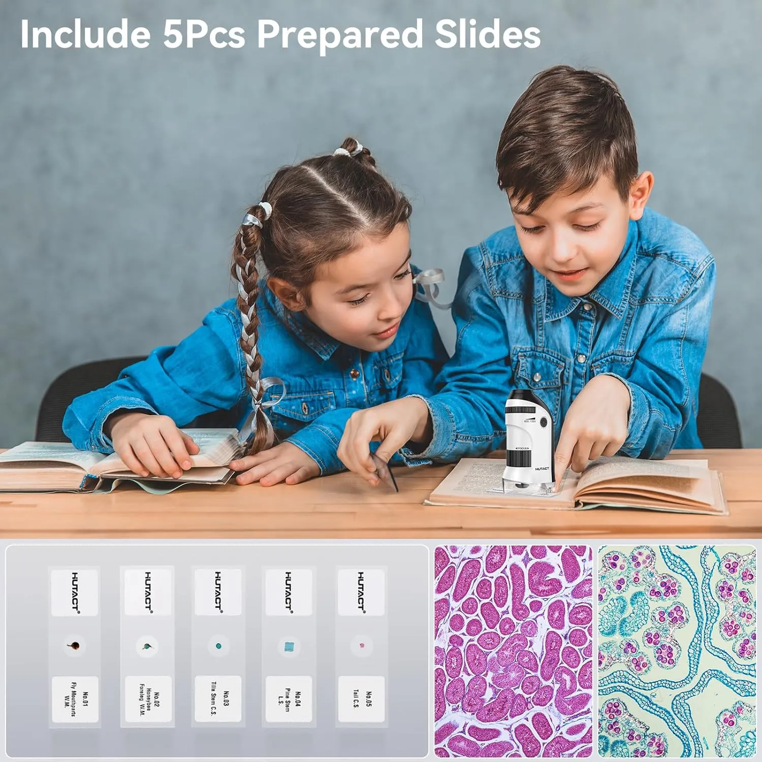 Pocket Microscope for Kids Portable Miniscope: 60-135X Mini Microscope with 5 Prepared Slides - Science Education and Nature Exploration Gifts for Boys Girls 6 7 8 9 10 11 12 (White)