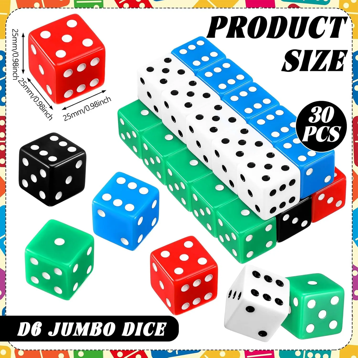 Poen 30 Pcs Standard Dice 25 mm Casino Theme Party Dice Large Opaque Jumbo Acrylic D6 Bulk Sifter for Casino Theme Party Board Vegas Birthday Supply(Colorful)
