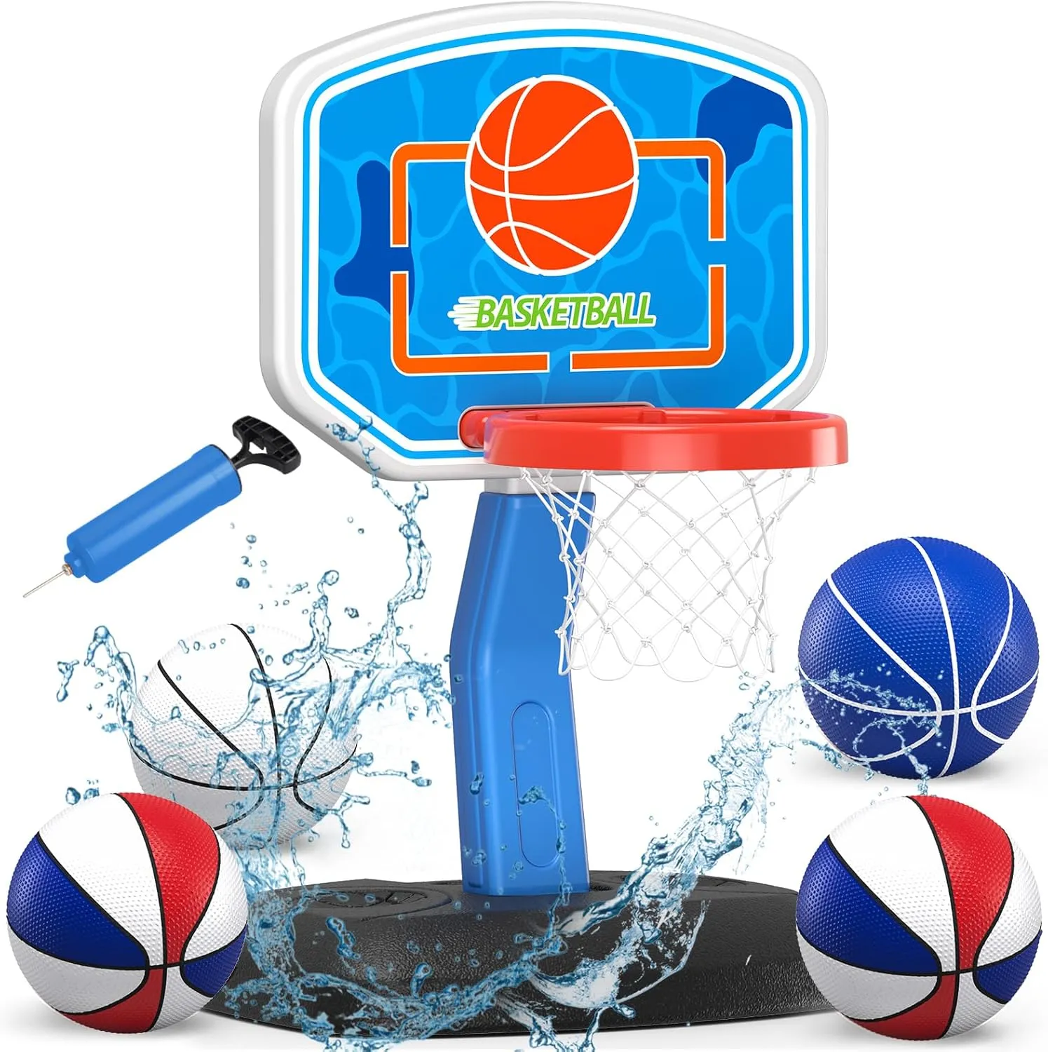 Pool Basketball Hoop Set, Poolside & Indoor, Adjustable Height, 4 Balls, 2 Nets, Pump, Sand/Water Base, Red, Ages 6 , Kids, Boys & Girls, Basketball Theme, 1-4 Players