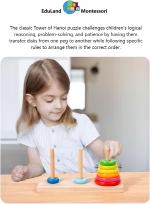 Practical Life/Sensorial/Math Wooden Building Towers of Hanoi (10 Rings) Rainbow Stacking Tower Blocks STEM Logical Game Travel Toy Family Game Column Blocks Kids 3  Years Gift