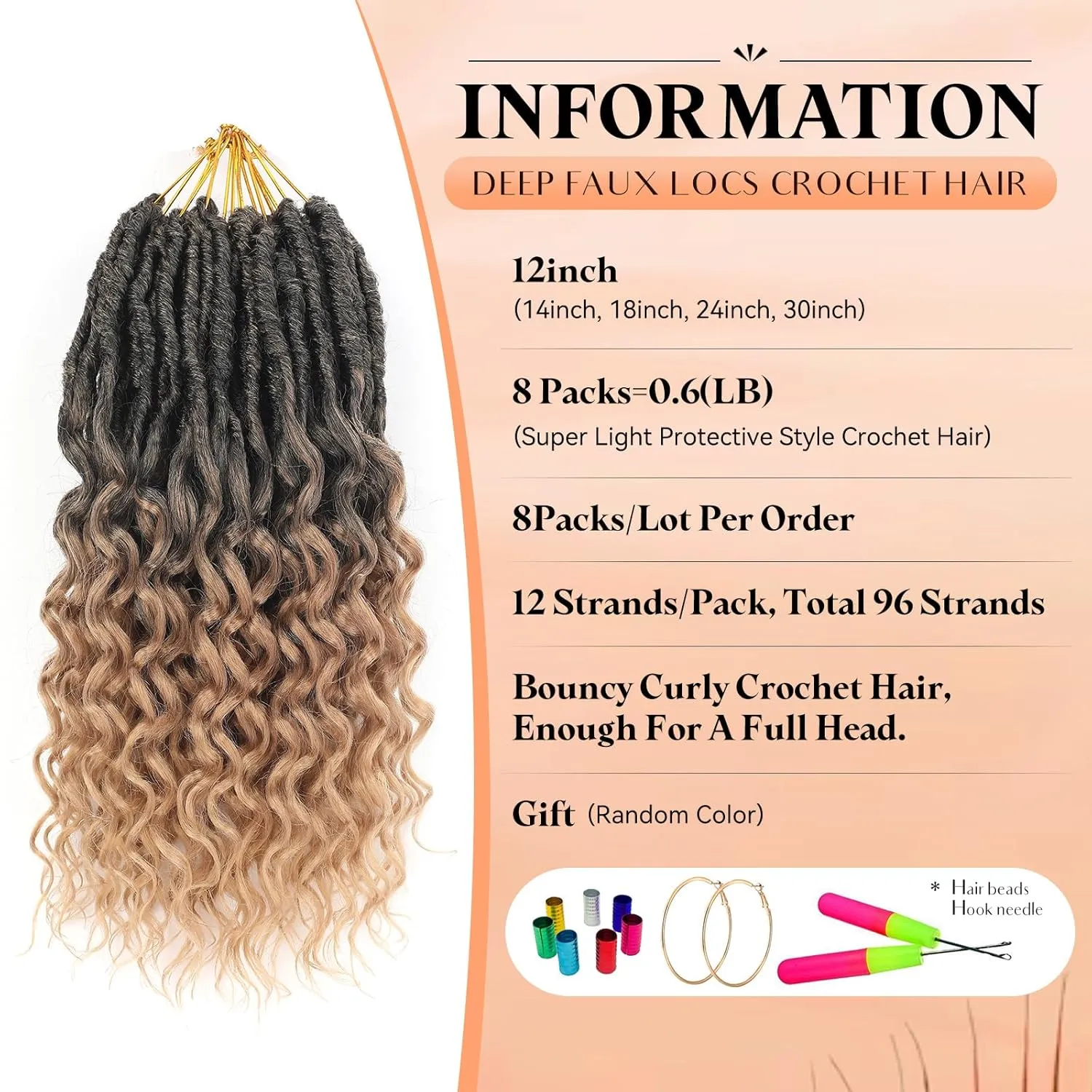 Pre-Looped Deep Faux Locs Crochet Hair for Black Women 8 Packs 12 Inch Goddess Locs Hair With Deep Wave Curly EndsPrelooped Synthetic Crochet Braids,Lightweight& Natural Look(12",T1B/27#)
