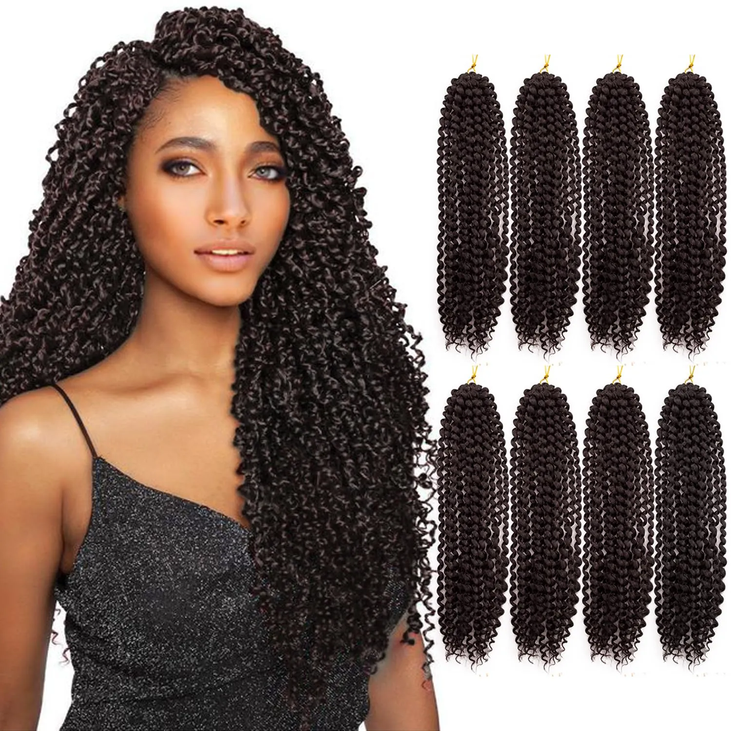 Pre-Looped Passion Twist Hair 18inch Water Wave Crochet Hair For Black Women 8 Packs Spring Twist Crochet Braiding Hair Extensions (2# Dark Brown Hair)