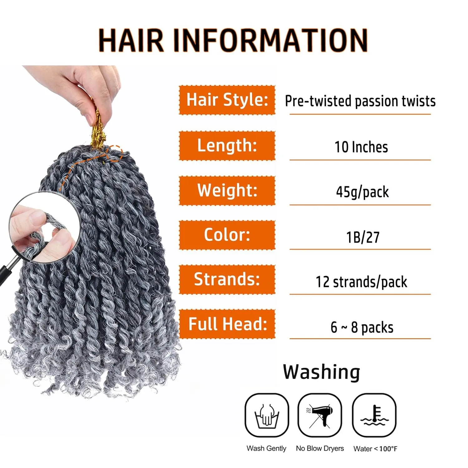 Pre-twisted Passion Twist Hair 10 Inch 8 packs Short Passion Twist Crochet Hair Pre-looped Crochet Braids for Women Kids Gray Passion Twists Synthetic Curly Crochet Hair Extensions 1B/Gray