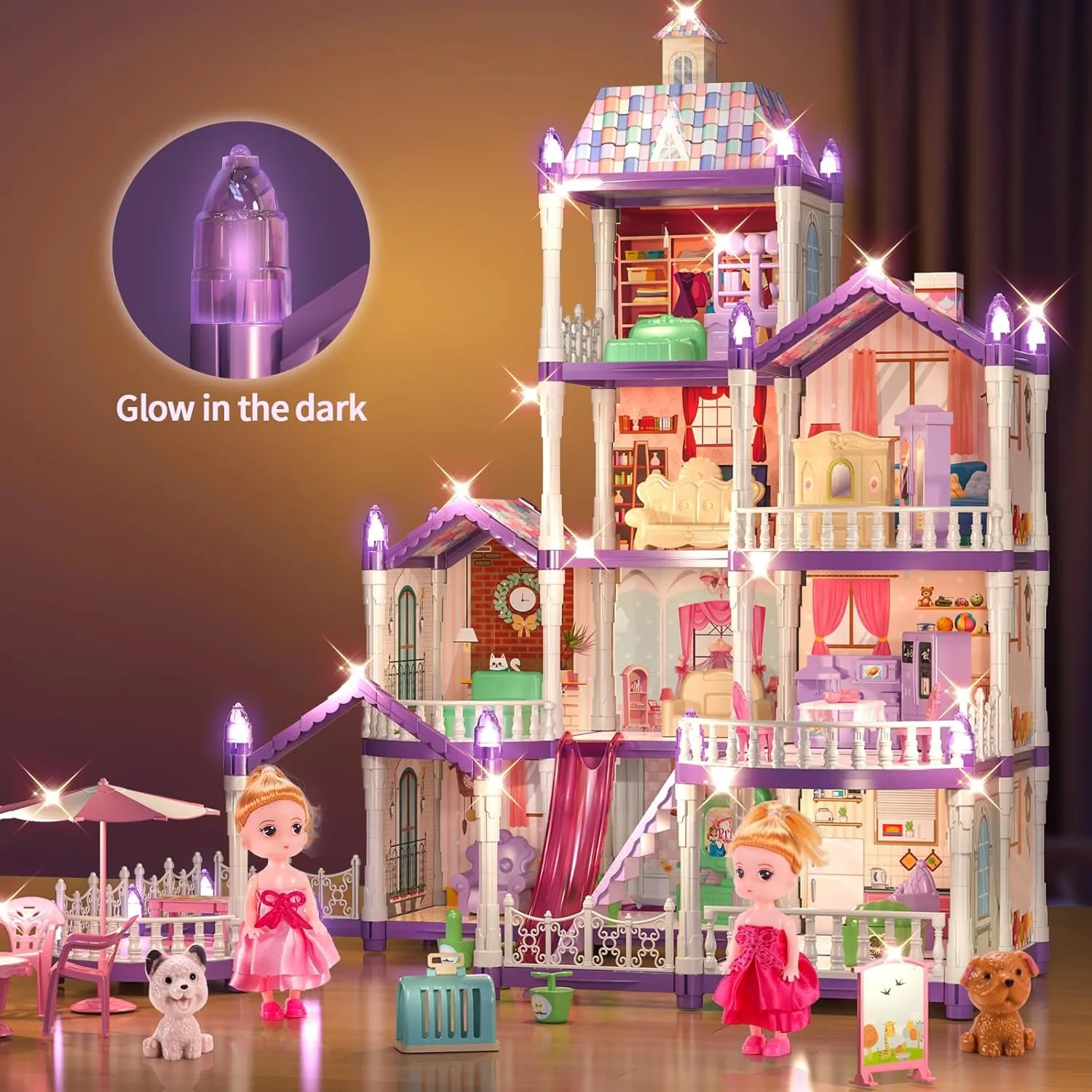 Princess Doll House, 4-Story Dollhouse with Glow in The Dark, Doll House Playset with 2 Dolls, 12 Play Areas, Fully Furniture & Accessories, Toys for 3 4 5 6 7 8 9Year Old Girls Gift, Purple