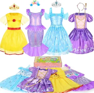 Princess Dress Up for Girls, Mermaid Princess Costume with Headbands Crown Role Play Toddler Costume Toys Christmas Birthday Gift for Girls Age 3 4 5 6 Years