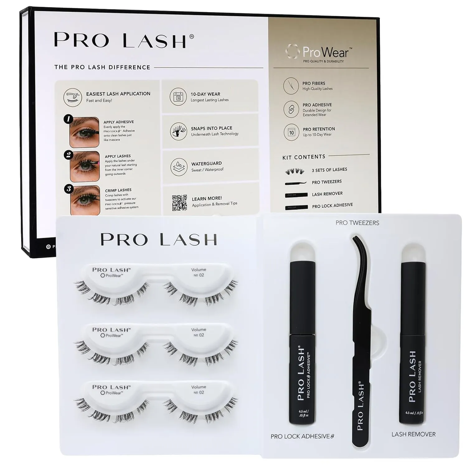 Pro Lash ProWear Starter Lash Clusters Kit - Easiest to Apply Lashes - 10-Day Cluster Eyelash Extensions - 3 Sets of False Eyelashes Plus Adhesive, Remover, Tweezers - Volume No. 02 - Black