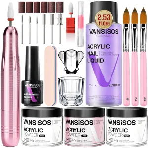 Professional Acrylic Nail Kit With Drill: Clear White Pink Powder and Liquid Set, Brushes for Nail Extension Application 0.5oz