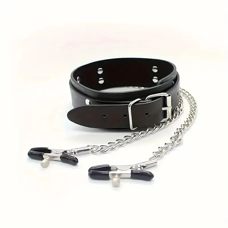 PU Leather Collar With Nipple Clamps BDSM