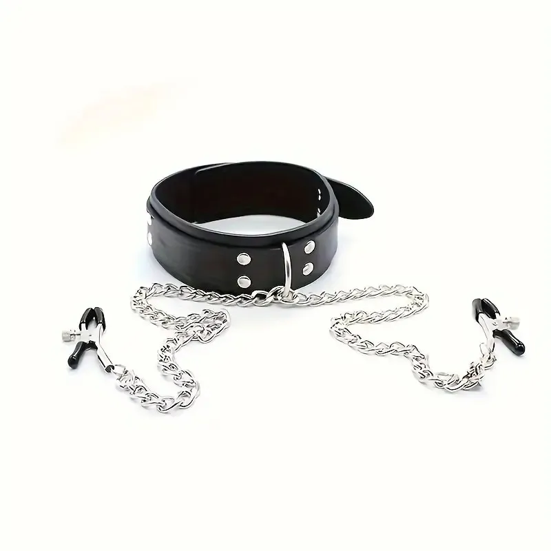 PU Leather Collar With Nipple Clamps BDSM