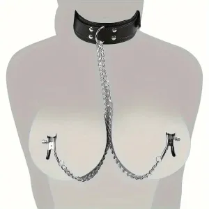 PU Leather Collar With Nipple Clamps BDSM