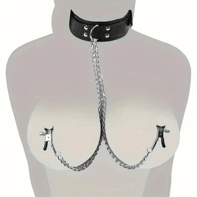 PU Leather Collar With Nipple Clamps BDSM