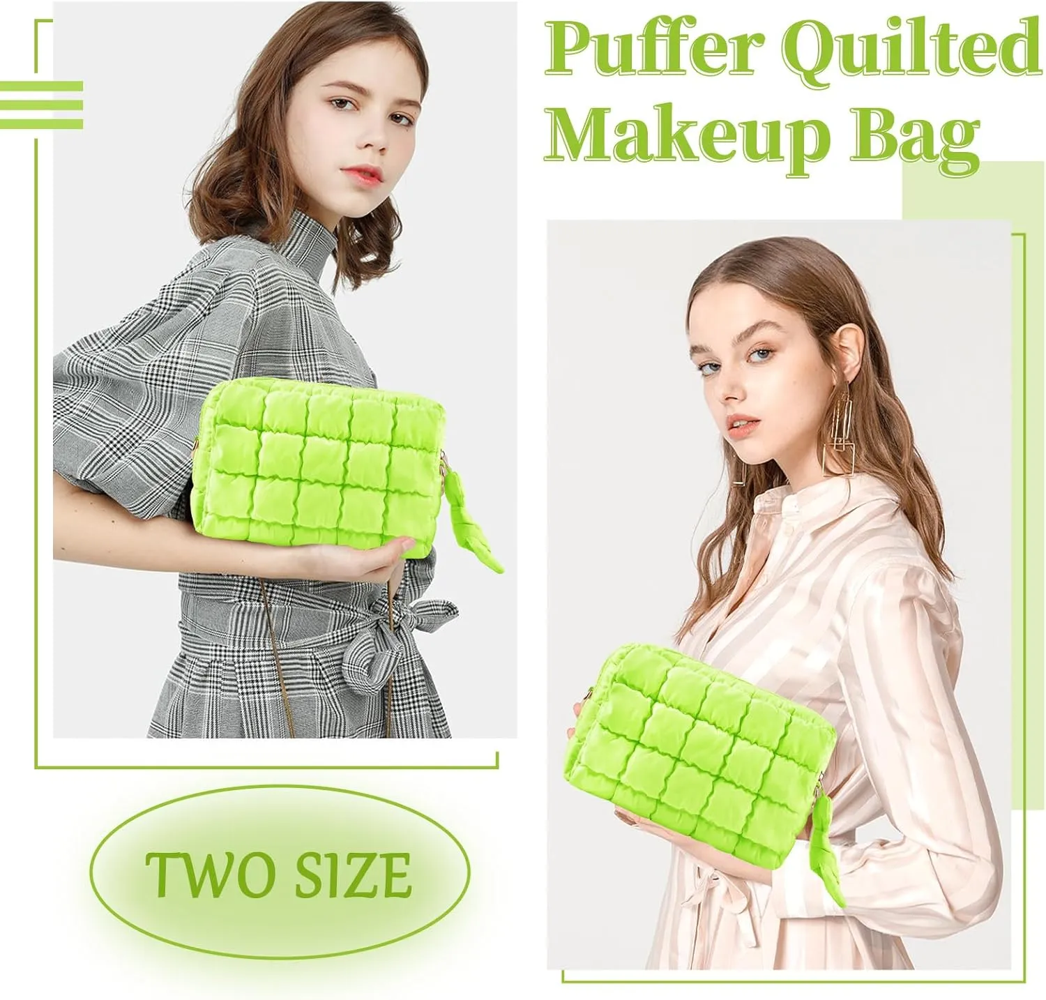 Puffer Quilted Makeup Bag Cosmetic Bags,Puffy Travel Toiletry Pouch for Women,Cute Checkered Zipper Bag Travel Essential,Portable Aesthetic Make up Organizer Bag for Gifts Work Daily(LightGreen,M)