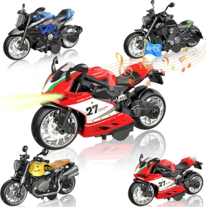 Pull Back Motorcycle Toys 4 Pack - Mini Vehicle Set with LED Lights & Realistic Sounds, Durable Die-Cast Models for Kids Ages 3  (Color Assortment)