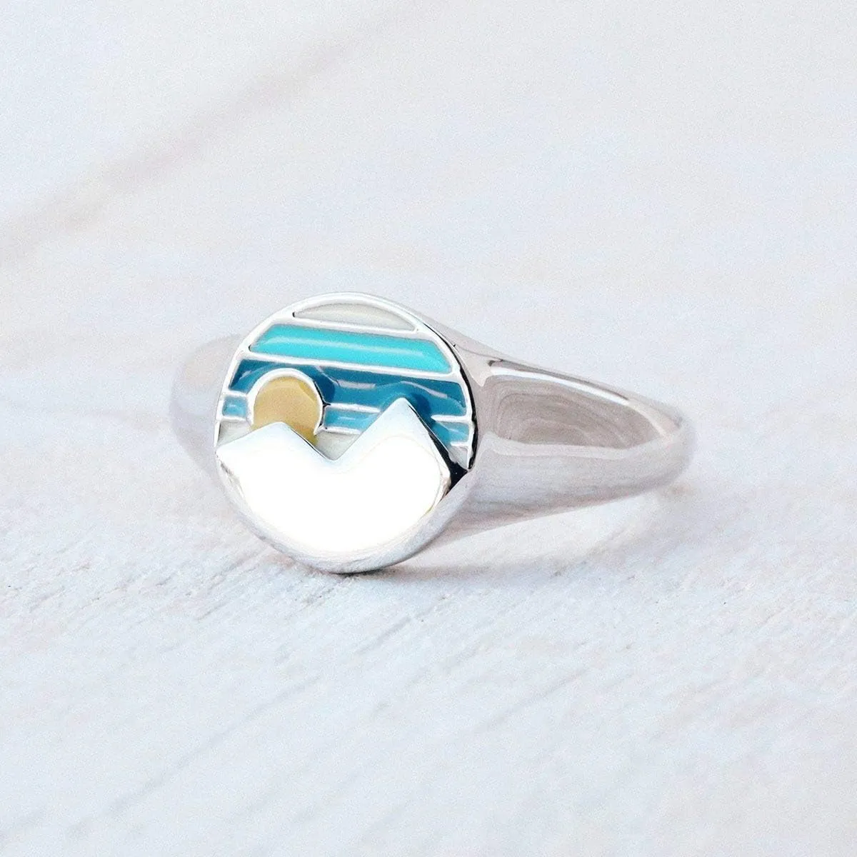 Pura Vida Silver-Plated Twin Peaks Enamel Signet Ring - Brass Band, Sizes 5-9