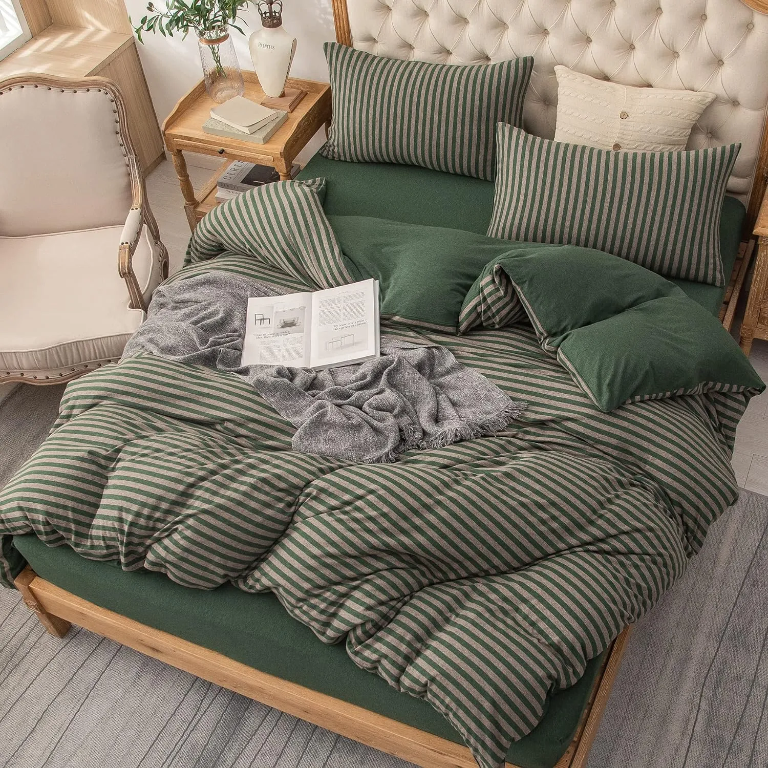 PURE ERA Jersey Knit Duvet Cover Set 100% T-Shirt Heather Cotton Super Soft Comfy Classic Striped Design, with Zipper Closure, Forest Green Stripe, Queen