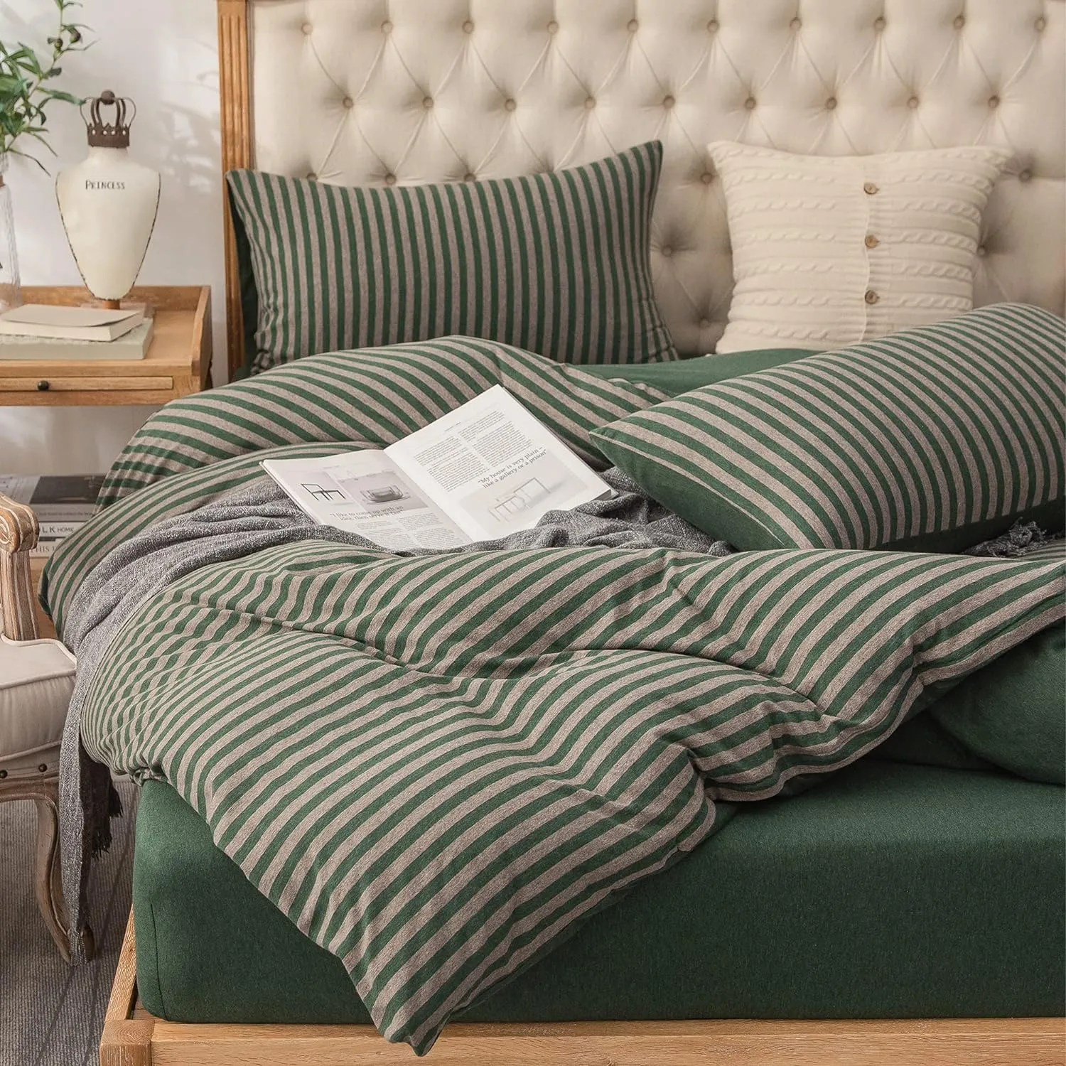PURE ERA Jersey Knit Duvet Cover Set 100% T-Shirt Heather Cotton Super Soft Comfy Classic Striped Design, with Zipper Closure, Forest Green Stripe, Queen