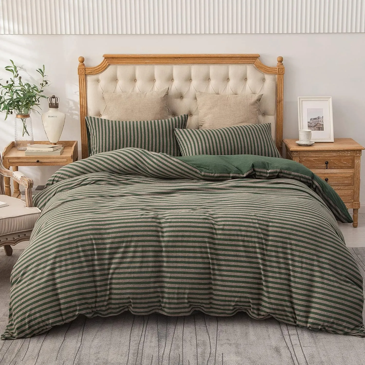 PURE ERA Jersey Knit Duvet Cover Set 100% T-Shirt Heather Cotton Super Soft Comfy Classic Striped Design, with Zipper Closure, Forest Green Stripe, Queen