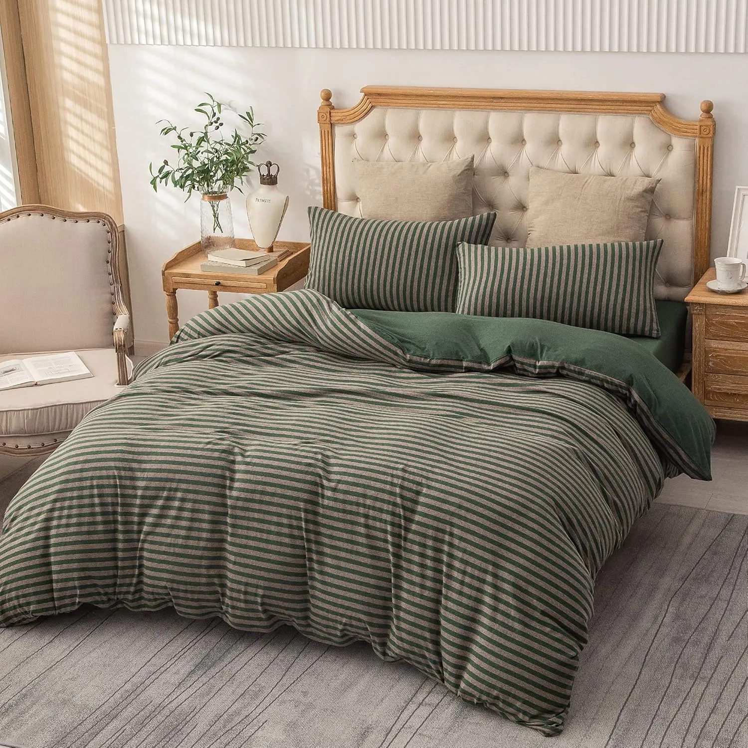 PURE ERA Jersey Knit Duvet Cover Set 100% T-Shirt Heather Cotton Super Soft Comfy Classic Striped Design, with Zipper Closure, Forest Green Stripe, Queen